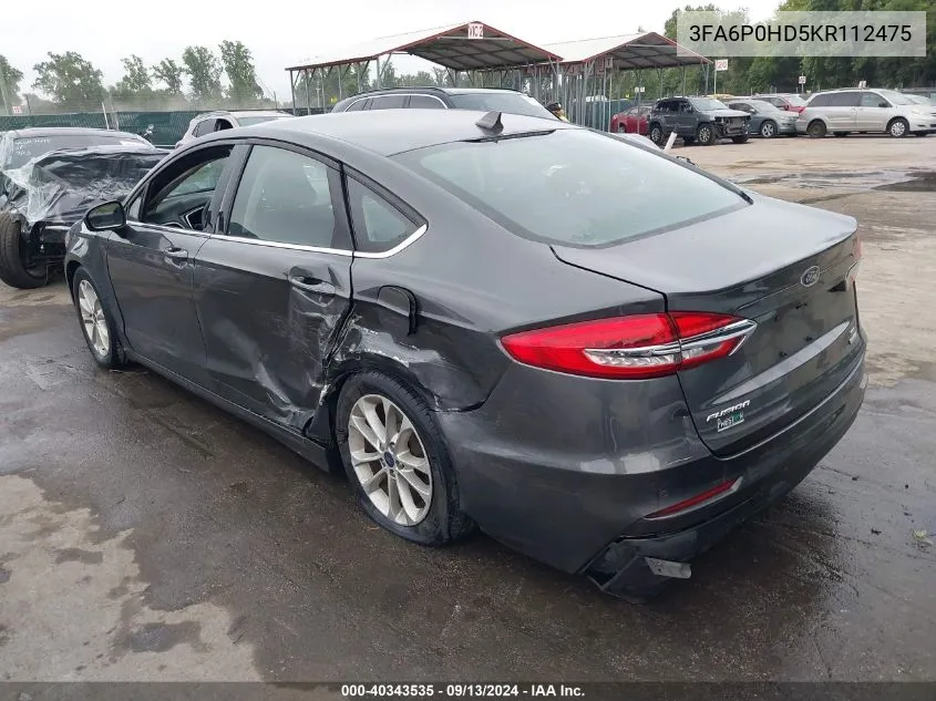 2019 Ford Fusion Se VIN: 3FA6P0HD5KR112475 Lot: 40343535