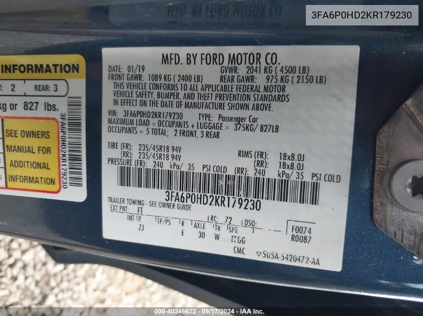 3FA6P0HD2KR179230 2019 Ford Fusion Se