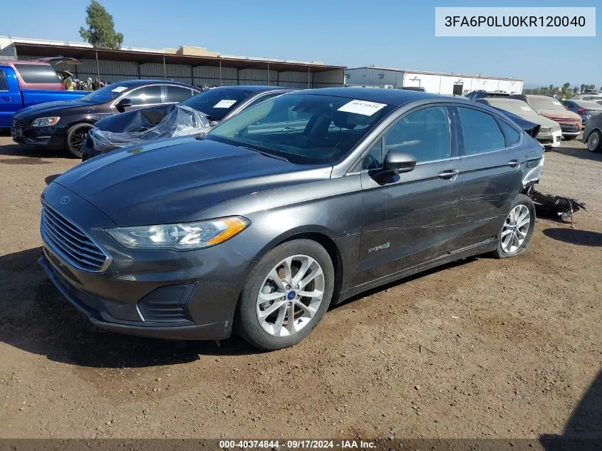 2019 Ford Fusion Hybrid Se VIN: 3FA6P0LU0KR120040 Lot: 40374844