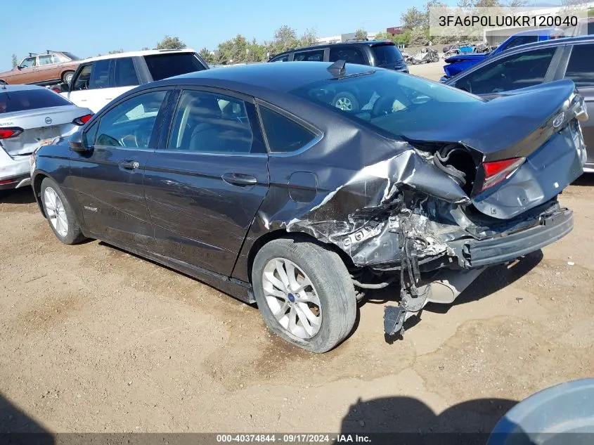 2019 Ford Fusion Hybrid Se VIN: 3FA6P0LU0KR120040 Lot: 40374844