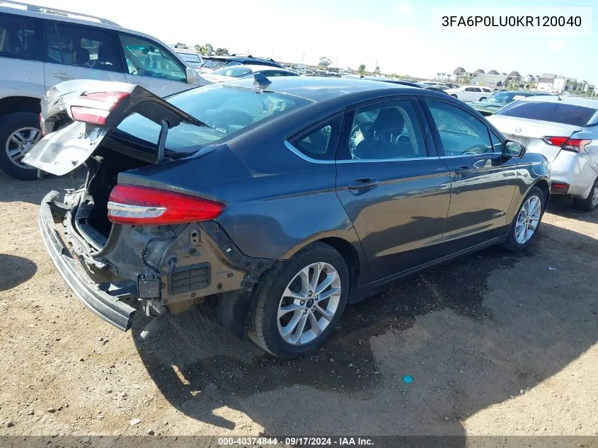 2019 Ford Fusion Hybrid Se VIN: 3FA6P0LU0KR120040 Lot: 40374844