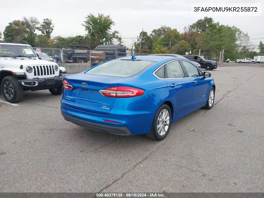 2019 Ford Fusion Hybrid Sel VIN: 3FA6P0MU9KR255872 Lot: 40379138