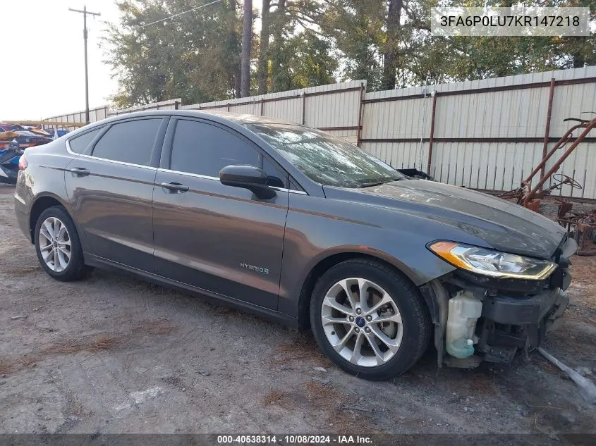 2019 Ford Fusion Hybrid Se VIN: 3FA6P0LU7KR147218 Lot: 40538314