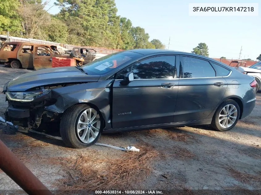 2019 Ford Fusion Hybrid Se VIN: 3FA6P0LU7KR147218 Lot: 40538314