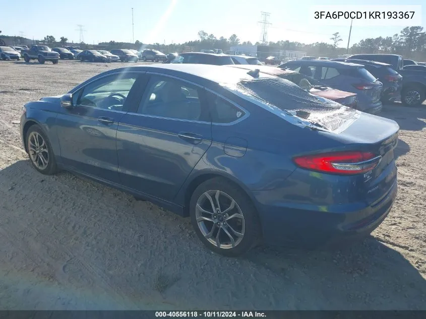 2019 Ford Fusion Sel VIN: 3FA6P0CD1KR193367 Lot: 40556118