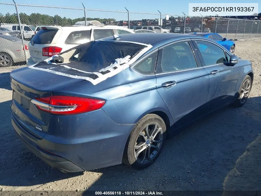 2019 Ford Fusion Sel VIN: 3FA6P0CD1KR193367 Lot: 40556118