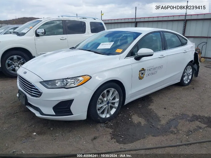 2019 Ford Fusion Se VIN: 3FA6P0HD8KR239415 Lot: 40595241