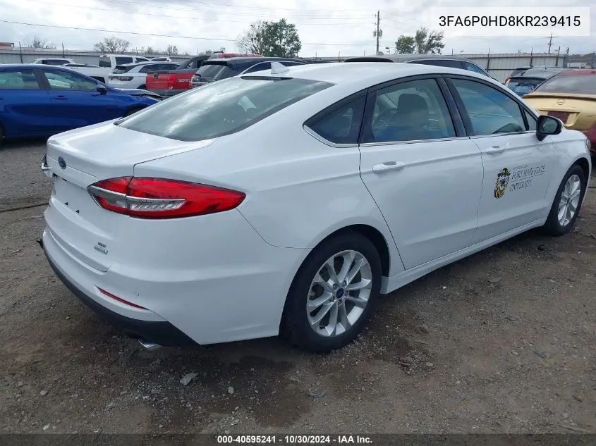 2019 Ford Fusion Se VIN: 3FA6P0HD8KR239415 Lot: 40595241