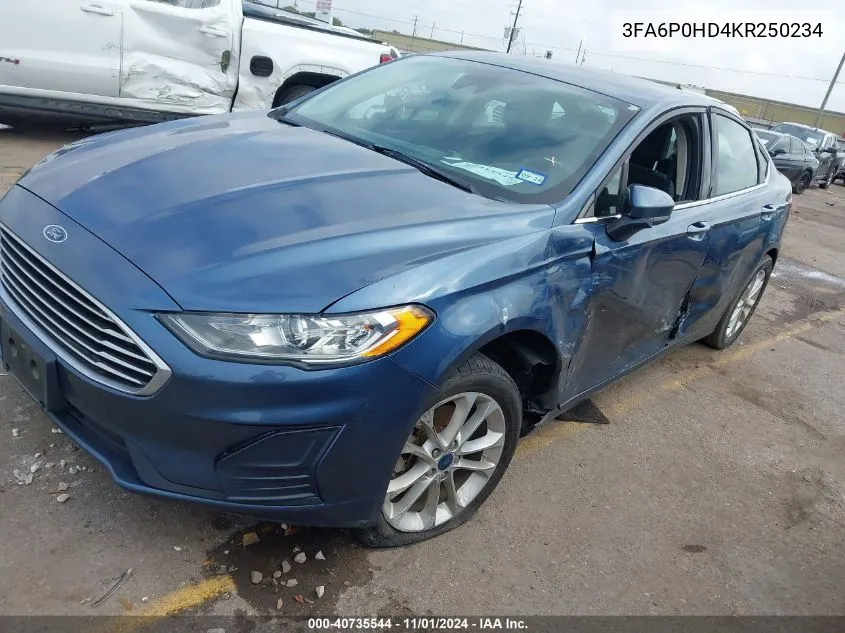 2019 Ford Fusion Se VIN: 3FA6P0HD4KR250234 Lot: 40735544