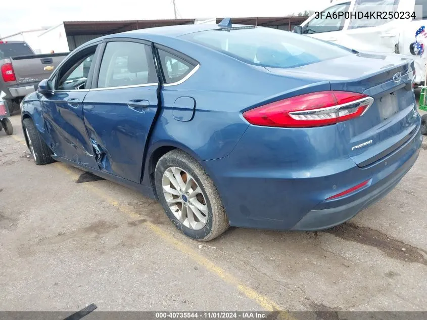 2019 Ford Fusion Se VIN: 3FA6P0HD4KR250234 Lot: 40735544