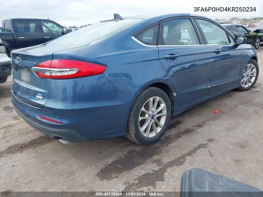 2019 Ford Fusion Se VIN: 3FA6P0HD4KR250234 Lot: 40735544