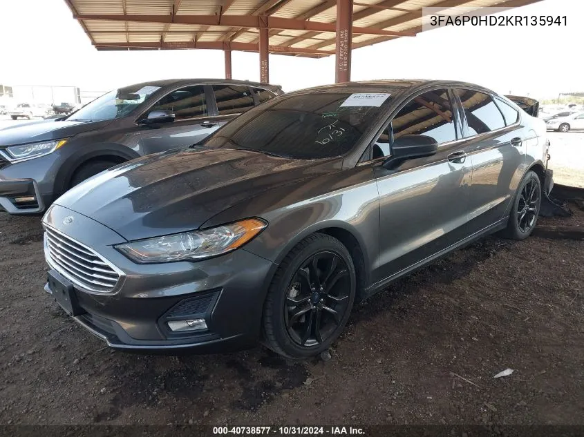 2019 Ford Fusion Se VIN: 3FA6P0HD2KR135941 Lot: 40738577