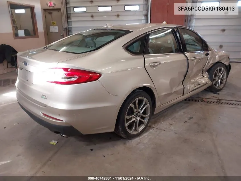 2019 Ford Fusion Sel VIN: 3FA6P0CD5KR180413 Lot: 40742631