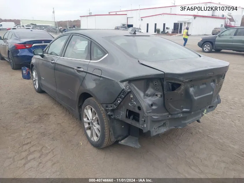 2019 Ford Fusion Hybrid Se VIN: 3FA6P0LU2KR107094 Lot: 40746660