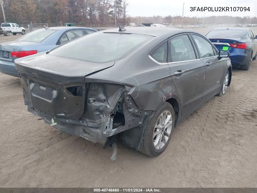 2019 Ford Fusion Hybrid Se VIN: 3FA6P0LU2KR107094 Lot: 40746660