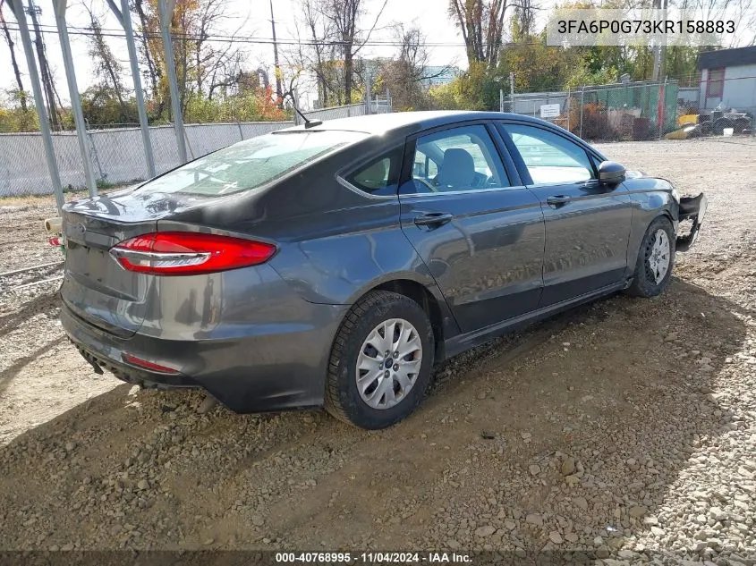 2019 Ford Fusion S VIN: 3FA6P0G73KR158883 Lot: 40768995