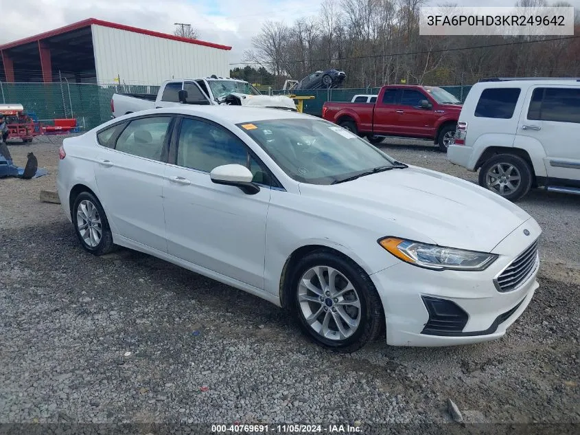 2019 Ford Fusion Se VIN: 3FA6P0HD3KR249642 Lot: 40769691