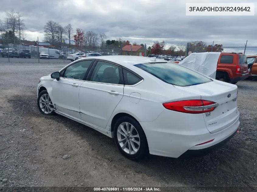 2019 Ford Fusion Se VIN: 3FA6P0HD3KR249642 Lot: 40769691