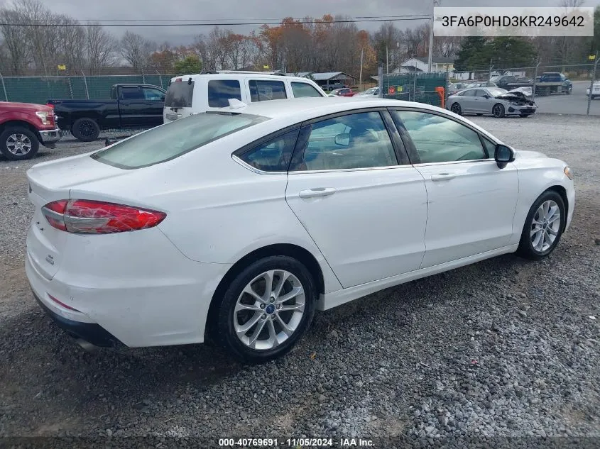 2019 Ford Fusion Se VIN: 3FA6P0HD3KR249642 Lot: 40769691