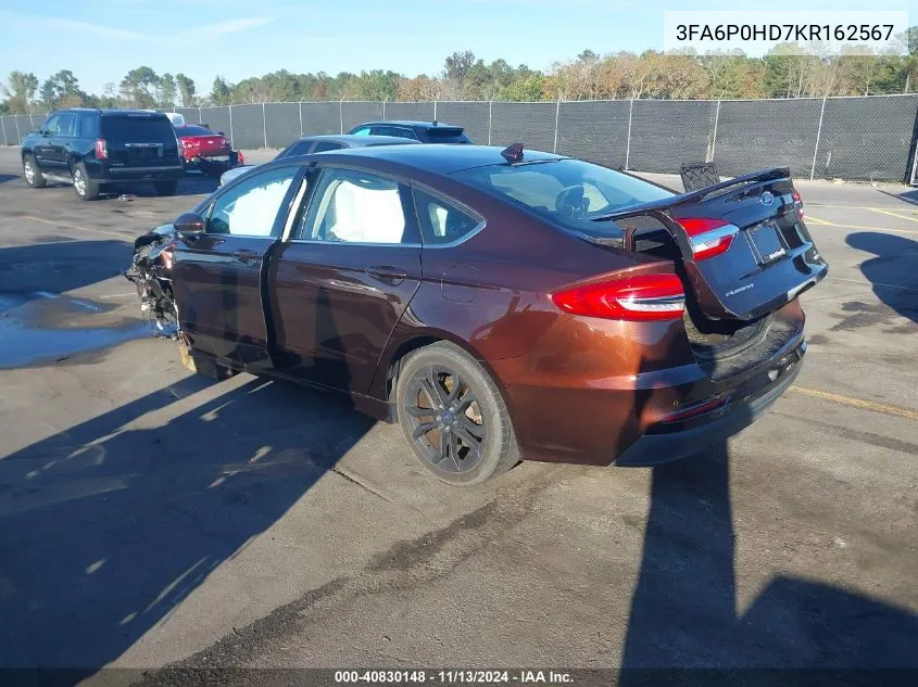 2019 Ford Fusion Se VIN: 3FA6P0HD7KR162567 Lot: 40830148