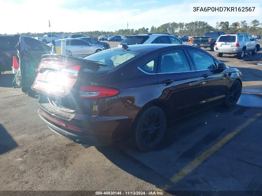 2019 Ford Fusion Se VIN: 3FA6P0HD7KR162567 Lot: 40830148