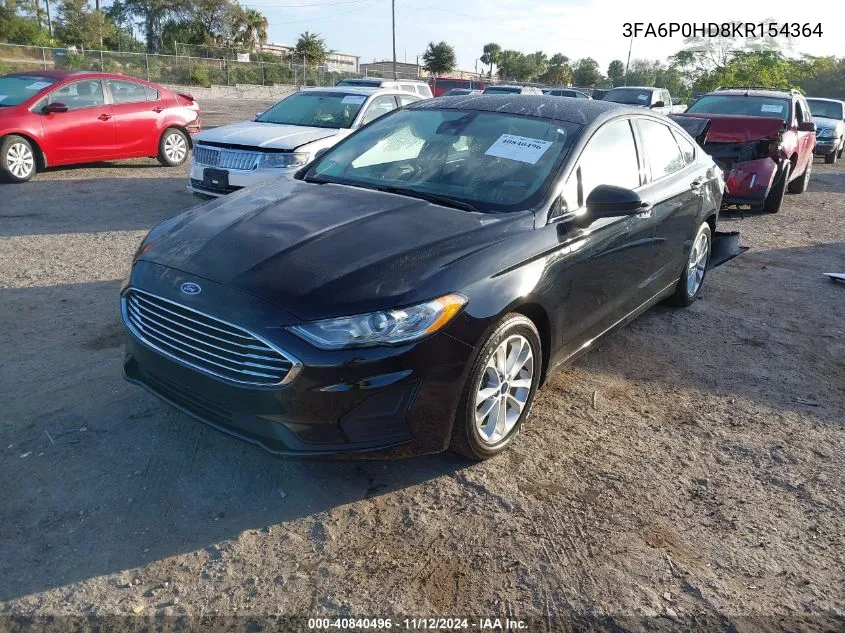 2019 Ford Fusion Se VIN: 3FA6P0HD8KR154364 Lot: 40840496