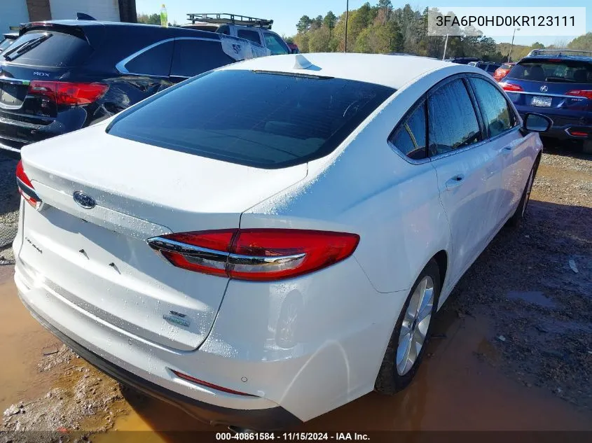 2019 Ford Fusion Se VIN: 3FA6P0HD0KR123111 Lot: 40861584