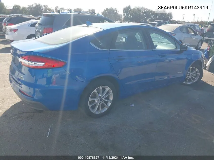 2019 Ford Fusion Hybrid Se VIN: 3FA6P0LU6KR143919 Lot: 40876827