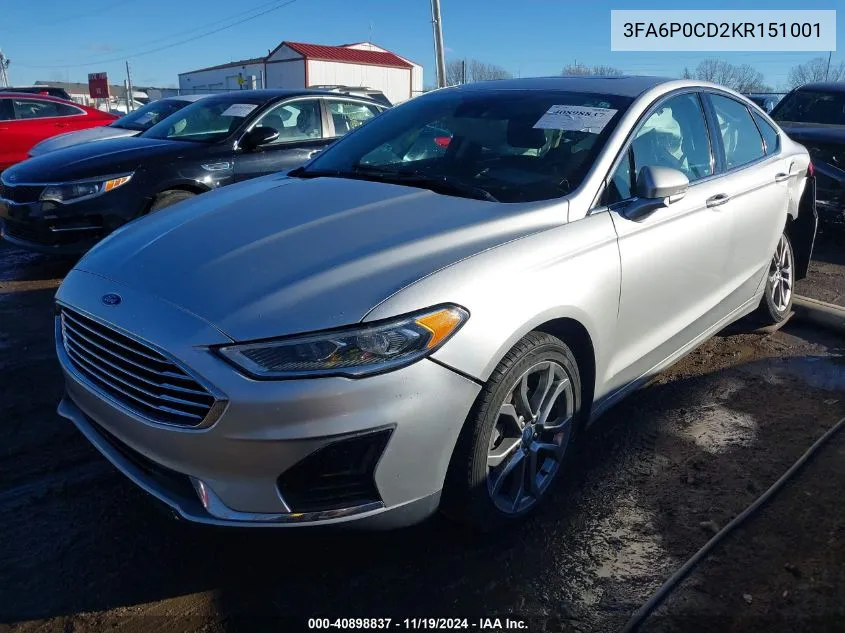 2019 Ford Fusion Sel VIN: 3FA6P0CD2KR151001 Lot: 40898837