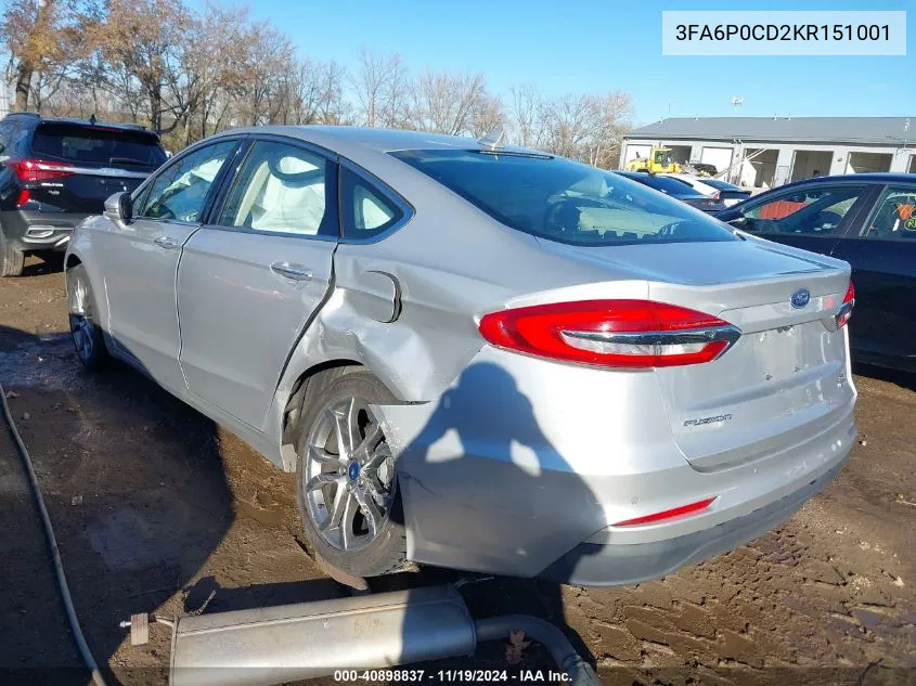 2019 Ford Fusion Sel VIN: 3FA6P0CD2KR151001 Lot: 40898837