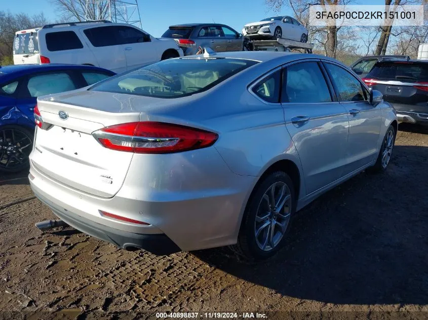 2019 Ford Fusion Sel VIN: 3FA6P0CD2KR151001 Lot: 40898837