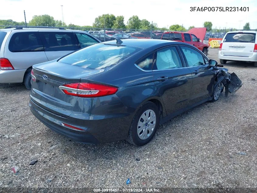 2020 Ford Fusion S VIN: 3FA6P0G75LR231401 Lot: 39915457