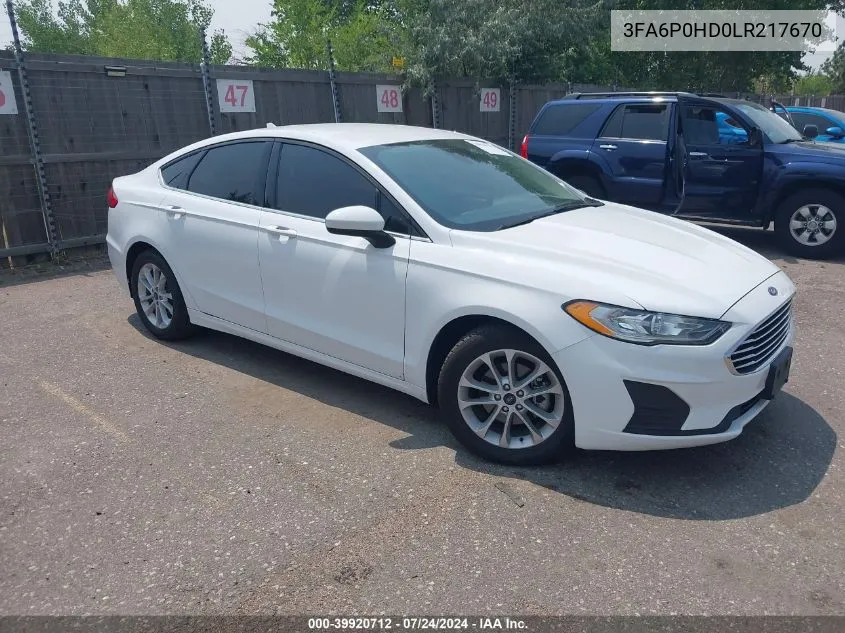 2020 Ford Fusion Se VIN: 3FA6P0HD0LR217670 Lot: 39920712