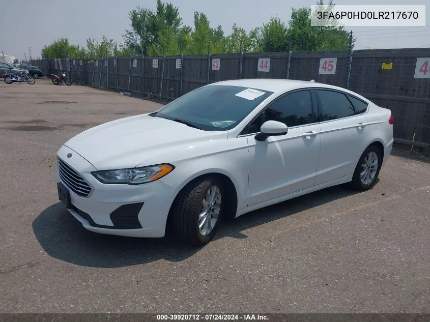 2020 Ford Fusion Se VIN: 3FA6P0HD0LR217670 Lot: 39920712