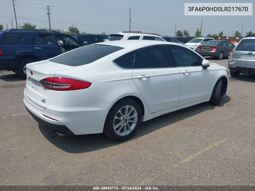 2020 Ford Fusion Se VIN: 3FA6P0HD0LR217670 Lot: 39920712