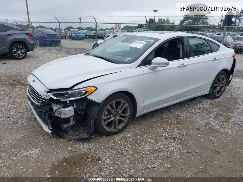 2020 Ford Fusion Sel VIN: 3FA6P0CD7LR192676 Lot: 40033766