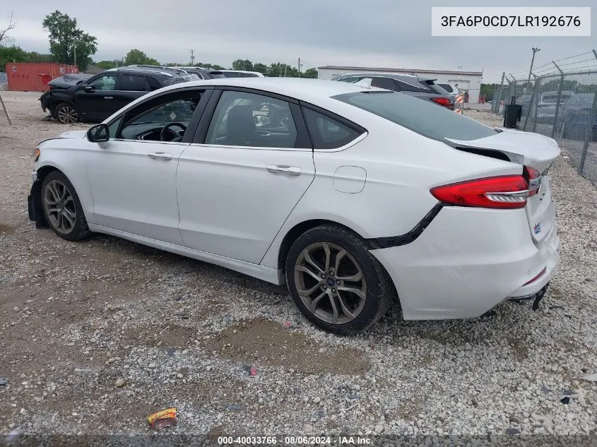 2020 Ford Fusion Sel VIN: 3FA6P0CD7LR192676 Lot: 40033766