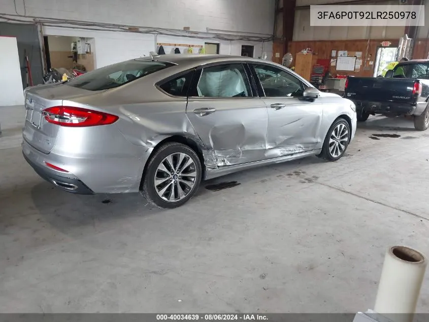 2020 Ford Fusion Se VIN: 3FA6P0T92LR250978 Lot: 40034639