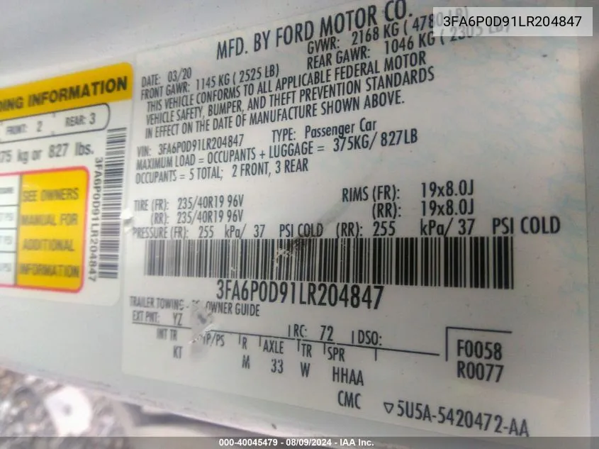 3FA6P0D91LR204847 2020 Ford Fusion Titanium