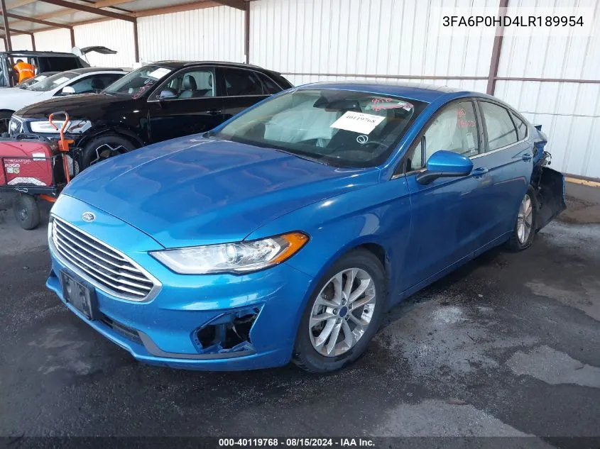 2020 Ford Fusion Se VIN: 3FA6P0HD4LR189954 Lot: 40119768