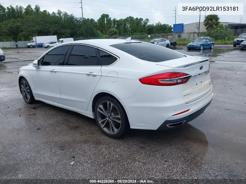 2020 Ford Fusion Titanium VIN: 3FA6P0D92LR153181 Lot: 40228265