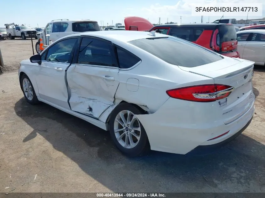 2020 Ford Fusion Se VIN: 3FA6P0HD3LR147713 Lot: 40413944