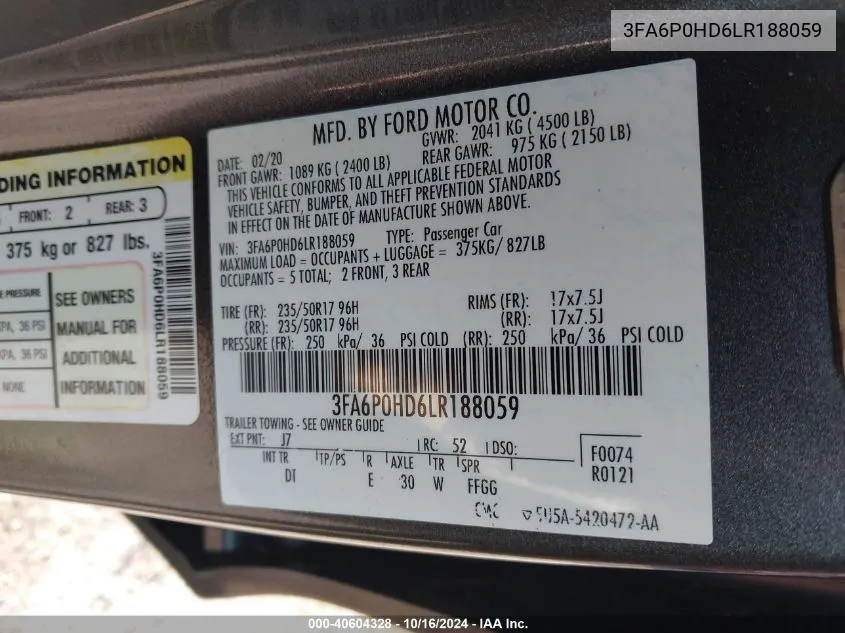 3FA6P0HD6LR188059 2020 Ford Fusion Se