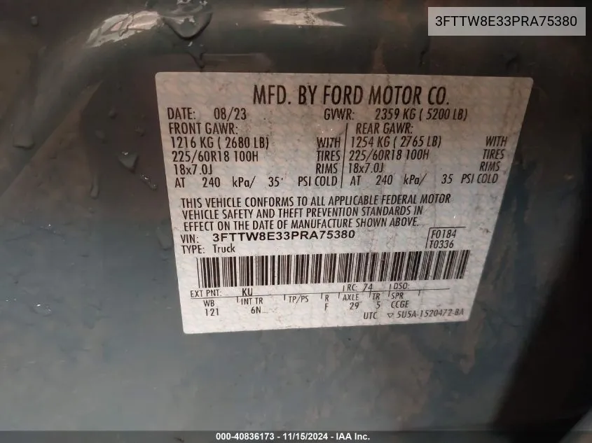 2023 Ford Maverick Lariat VIN: 3FTTW8E33PRA75380 Lot: 40836173