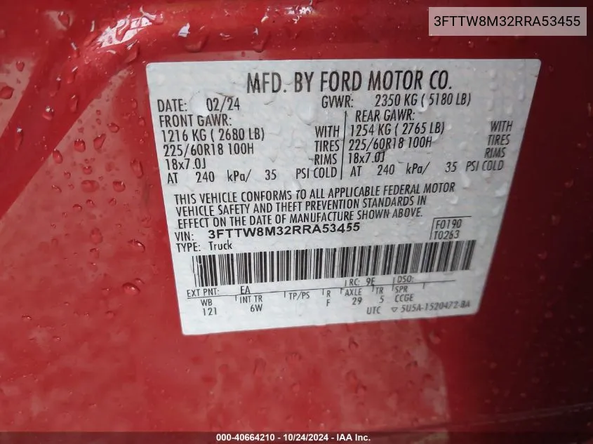 2024 Ford Maverick Lariat VIN: 3FTTW8M32RRA53455 Lot: 40664210