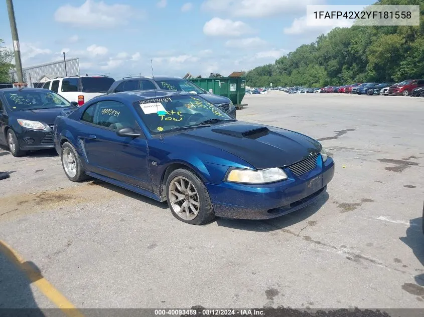 2000 Ford Mustang Gt VIN: 1FAFP42X2YF181558 Lot: 40093489