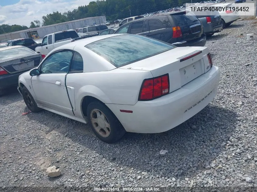 2000 Ford Mustang VIN: 1FAFP4040YF195452 Lot: 40226013