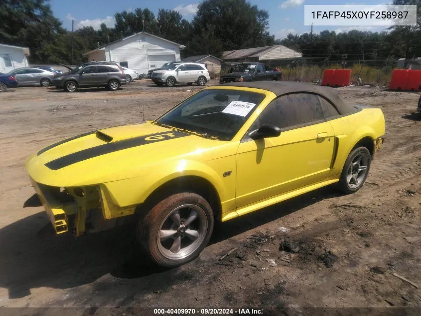 2000 Ford Mustang Gt VIN: 1FAFP45X0YF258987 Lot: 40409970