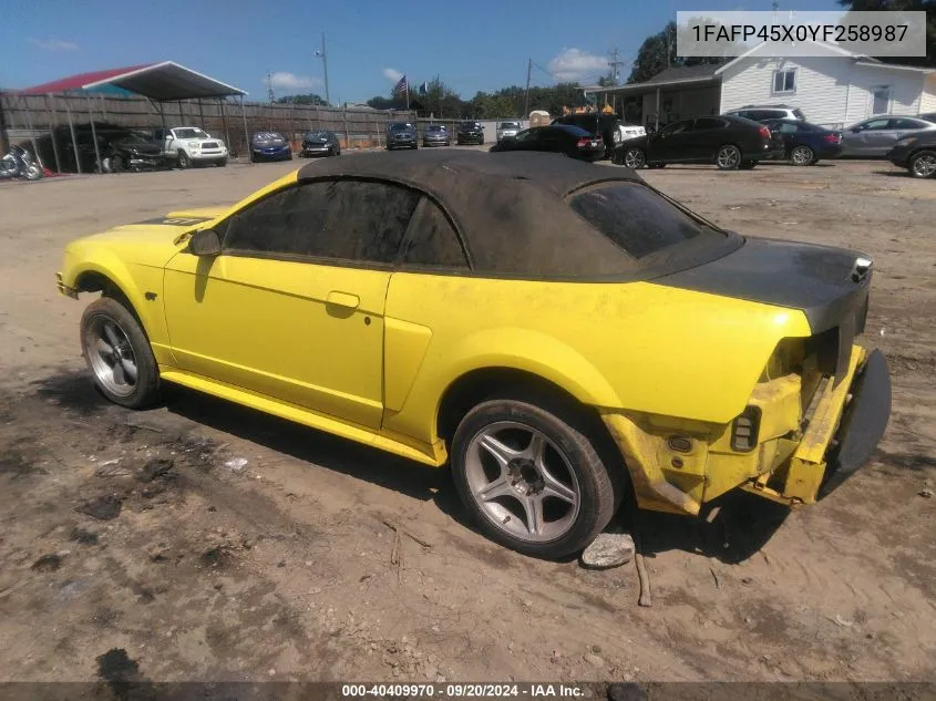 2000 Ford Mustang Gt VIN: 1FAFP45X0YF258987 Lot: 40409970