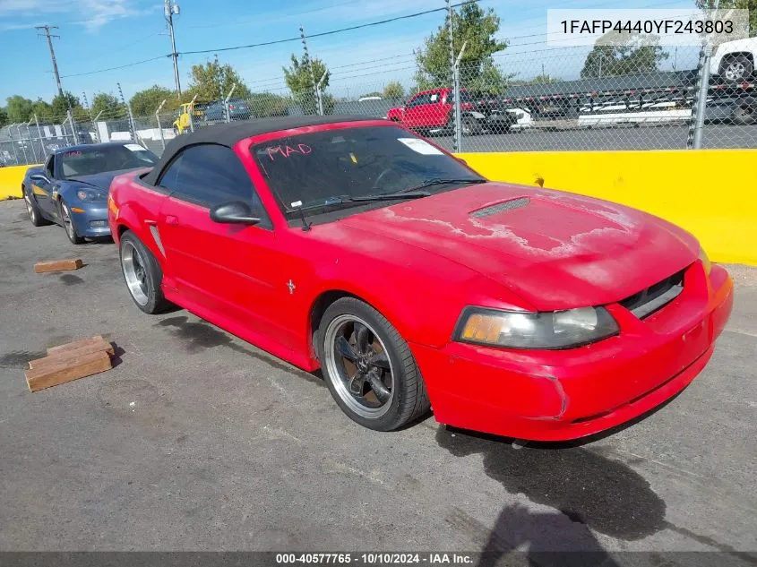 2000 Ford Mustang VIN: 1FAFP4440YF243803 Lot: 40577765